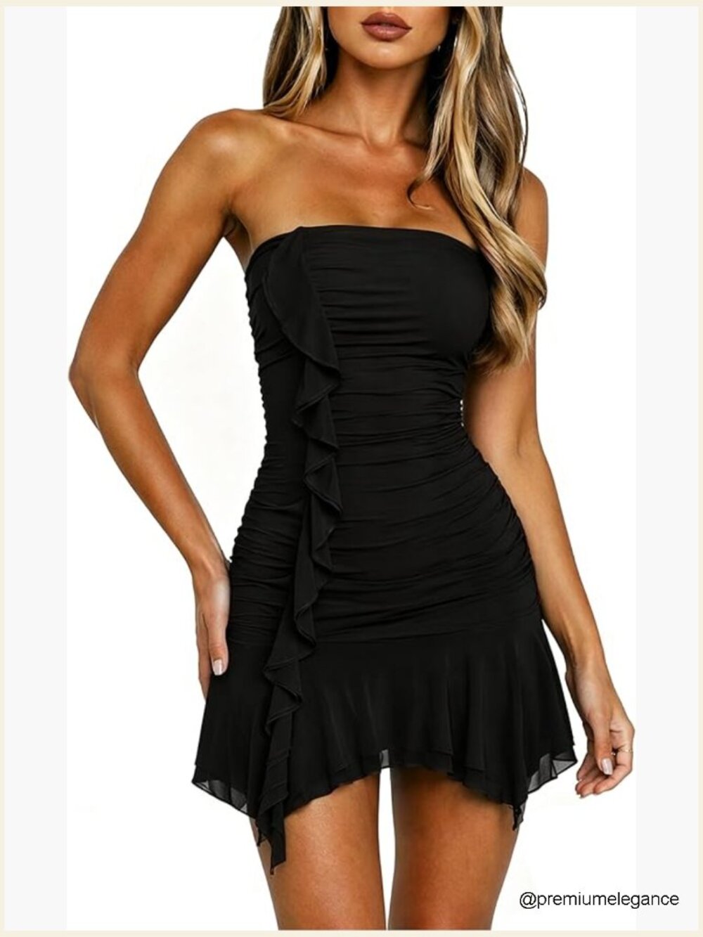 Strapless Bodycon Ruched Ruffle Mesh Mini Dress Club Party Night Out
